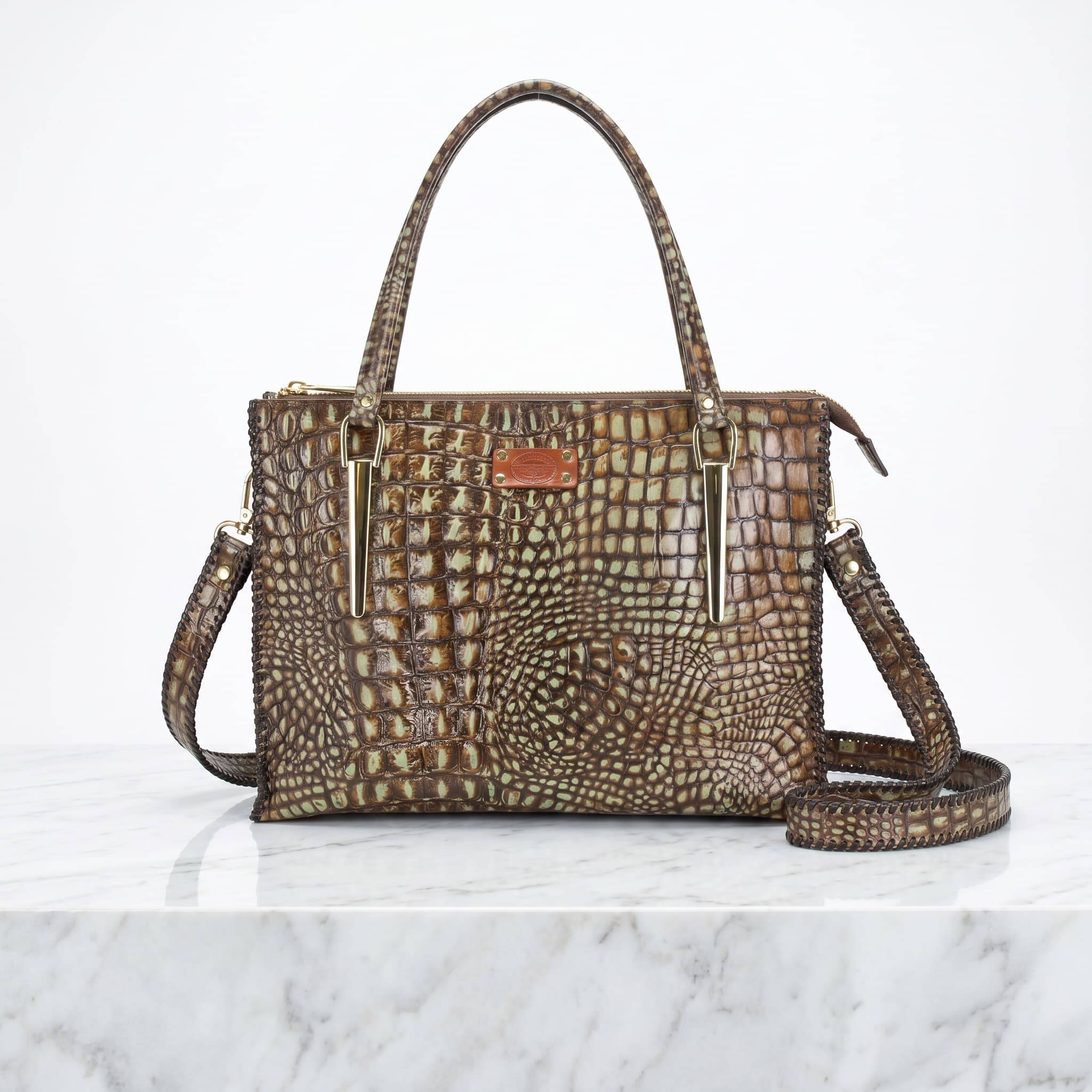 Handmade Tarnished Brass Gator Embossed Leather Briefcase / Handbag