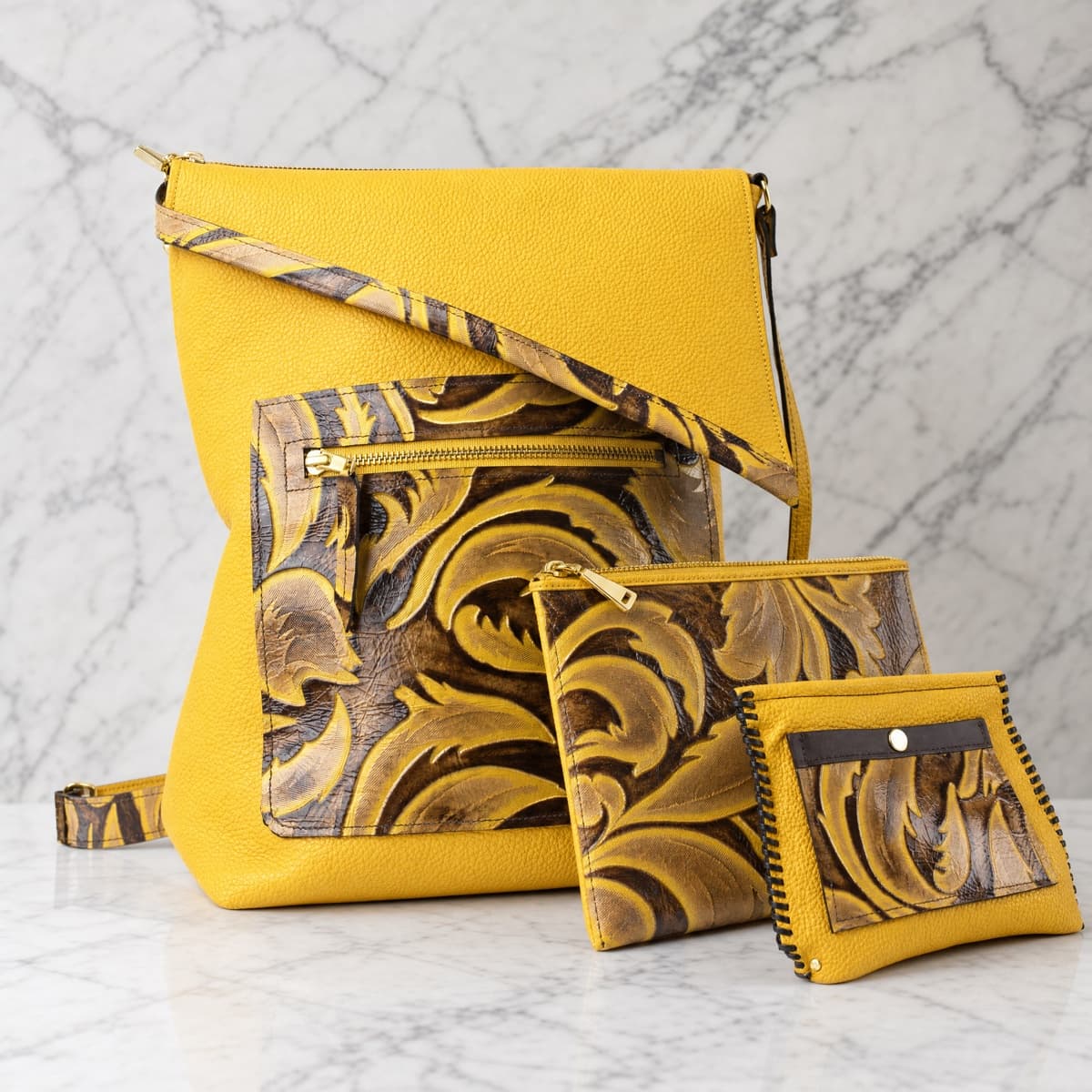 Handmade Yellow Leaf Embossed Leather Backpack