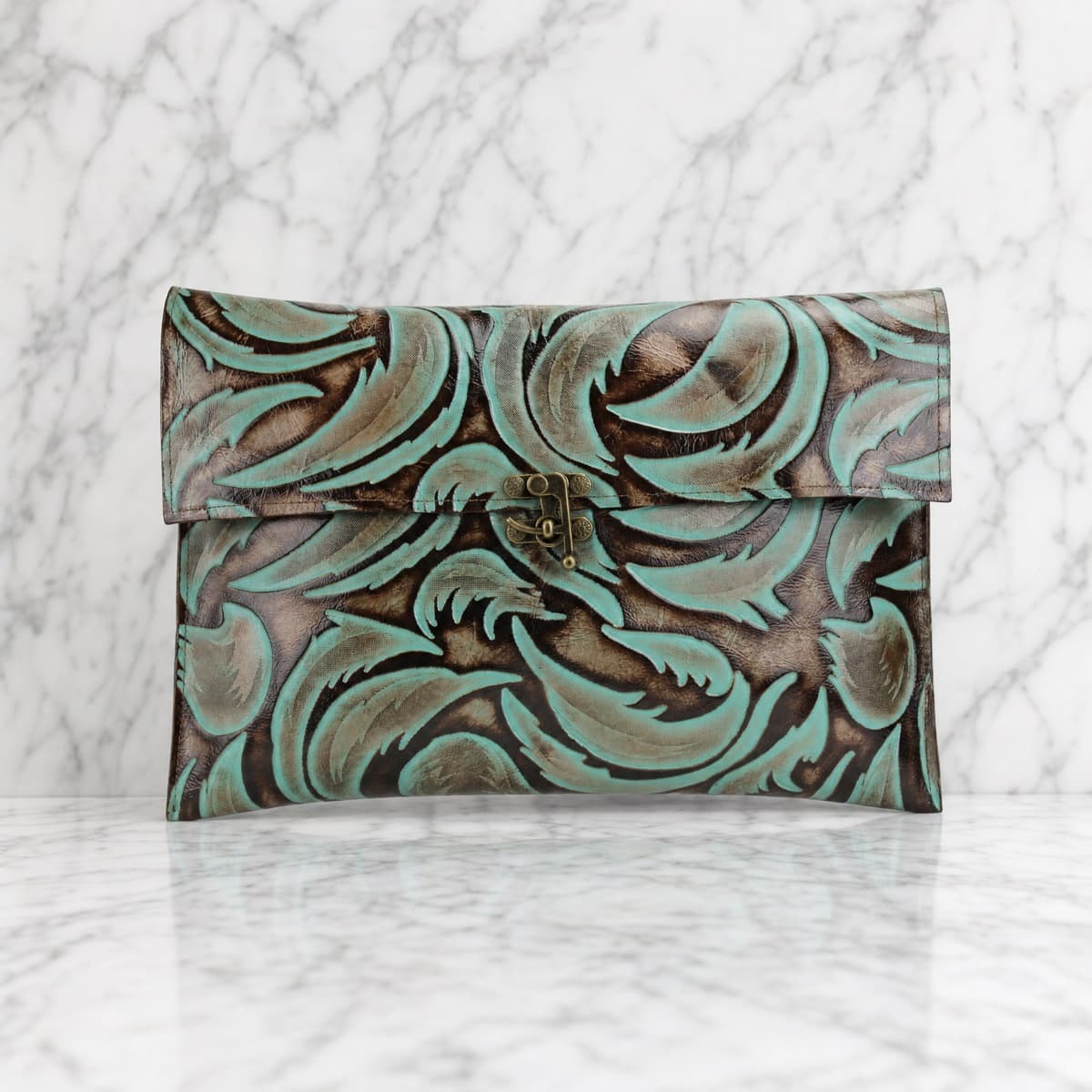 Turquoise and Brown Western Leaf Embossed Leather Clutch