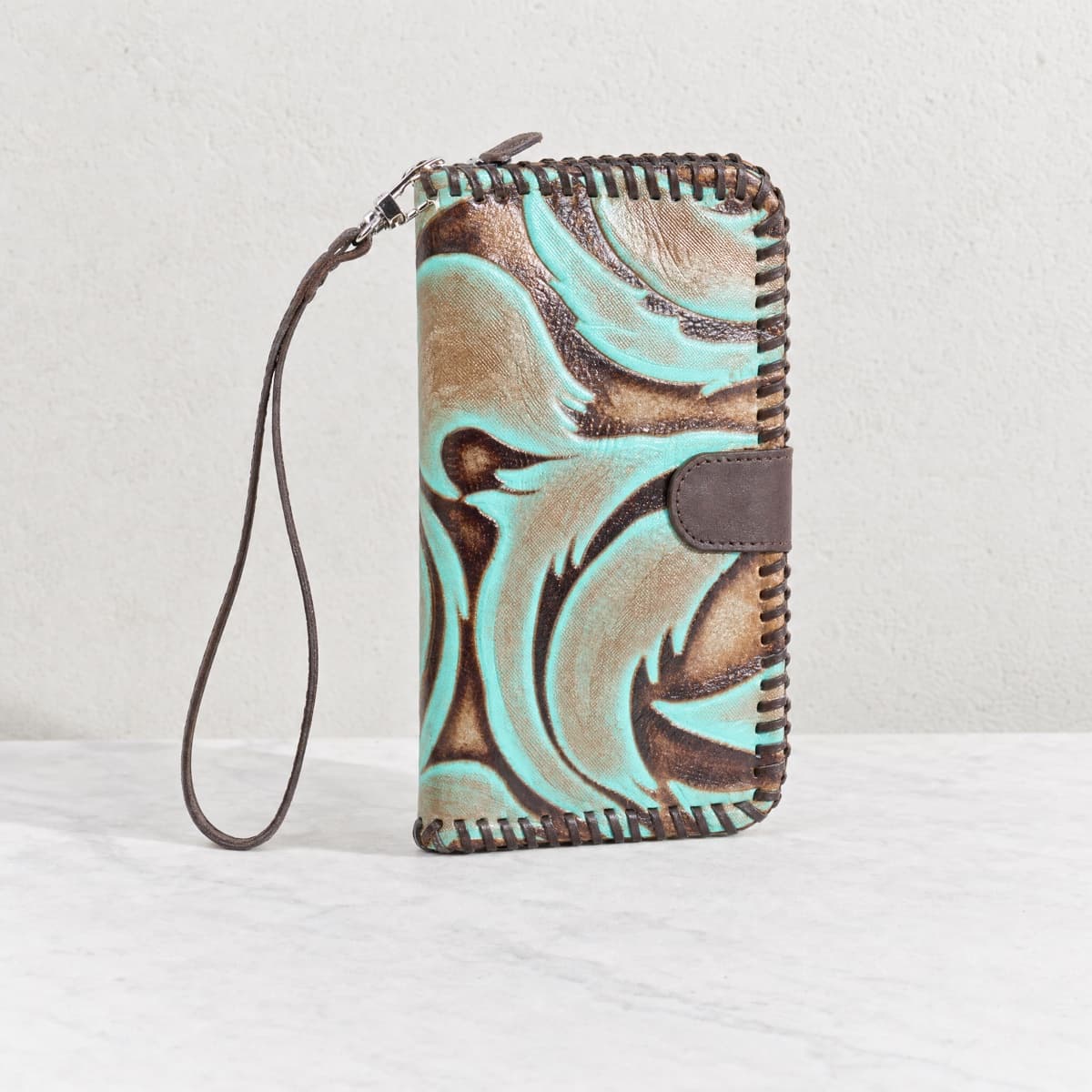 Turquoise and Brown Leaf Embossed Leather Zippered Purse/Wallet