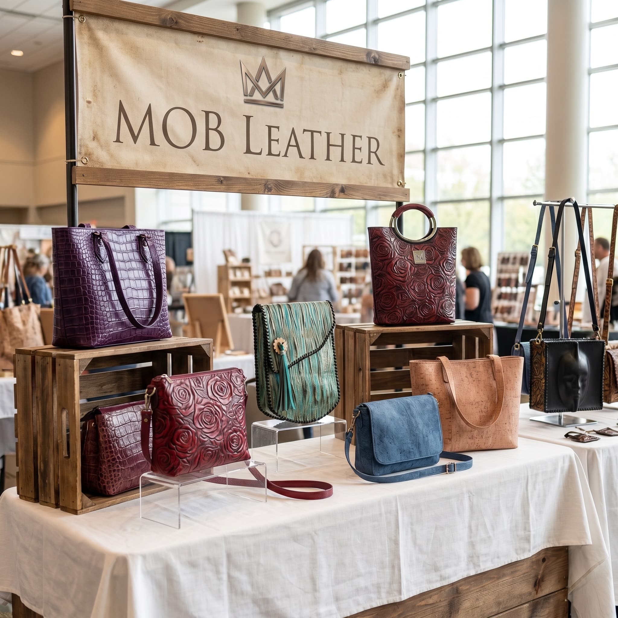 MOB Leather display table at a craft show, handbags arranged on stands